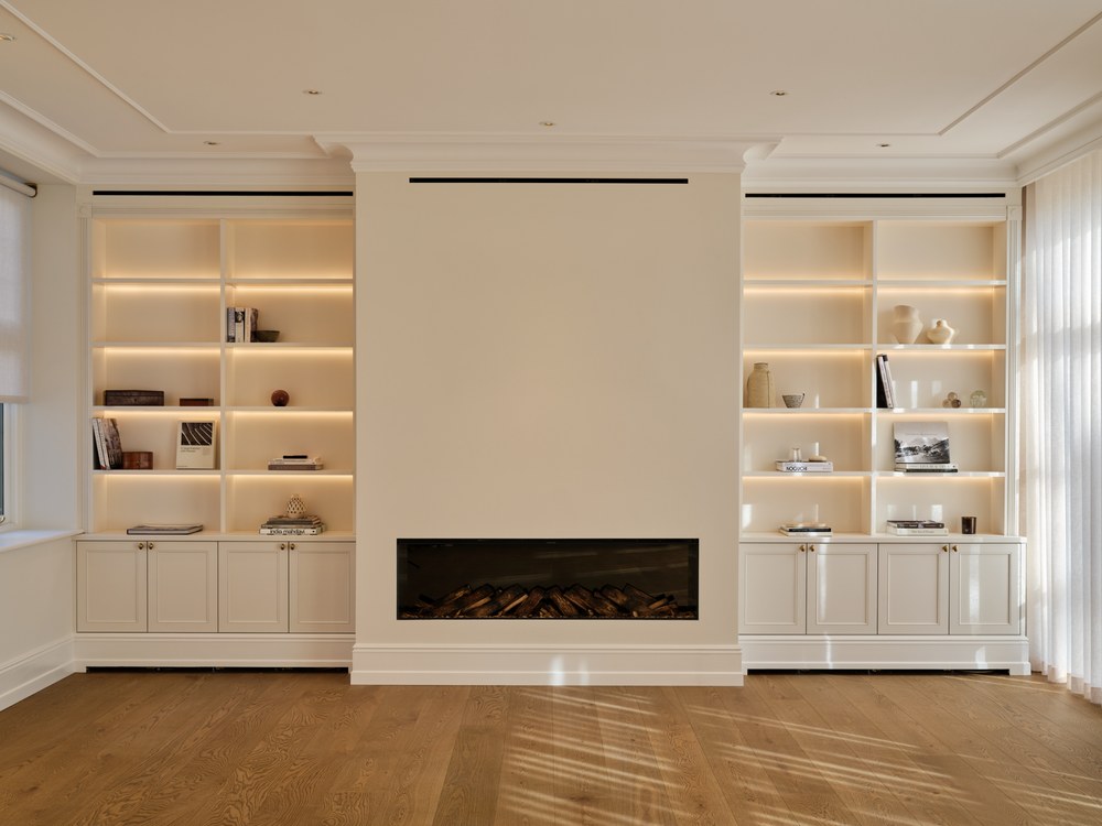 Completed private residential living room with built-in joinery and fireplace